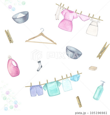 Laundry. Seamless pattern with basin, washing gel, powder, soap, linen, clothes, hanger, clothespins, bubbles. Watercolor illustration on a white background. Hand drawn. For postcards 105196981