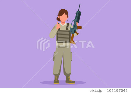 Cartoon flat style drawing female soldiers or army standing with weapons, full uniforms, and thumbs up gestures serving the country with strength of military forces. Graphic design vector illustration 105197045