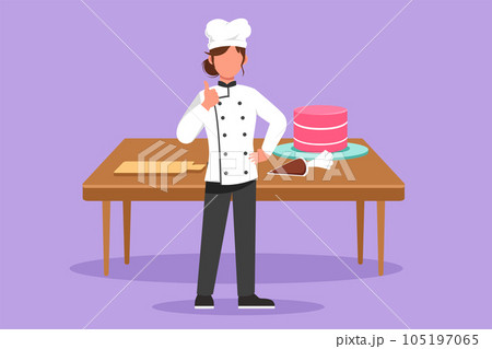 Graphic flat design drawing chef standing with thumbs up gesture and cooking uniform prepares ingredients to cook best dishes. Beauty female chef with table and cake. Cartoon style vector illustration 105197065