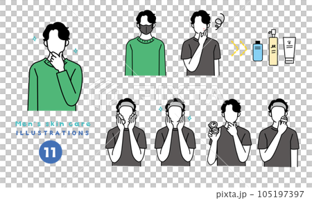 肌荒れやマスク荒れに悩む男性　メンズスキンケアやメンズメイクをする男性のシンプルなイラスト 105197397