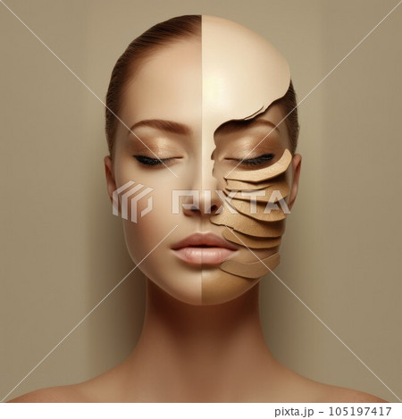 Beautiful young woman with golden facial mask. Skin care concept.  Cosmetology. Beauty treatment and  plastic surgery concept. Collage of female face with wrinkles on skin. Anti-aging concept of skin 105197417