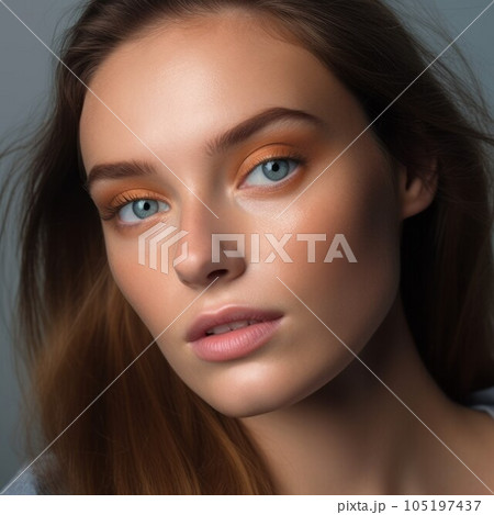Portrait of a beautiful young woman with brown hair and blue eyes. Close up portrait of attractive young adult girl with professional make-up. Stunning fashion model looking to the camera 105197437