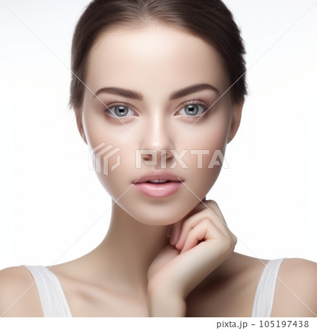 Portrait of beautiful brunette young woman with clean fresh skin, on grey background. Closeup beautiful face of a attractive adult girl with healthy skin.  Pretty young woman with brown shot hair 105197438