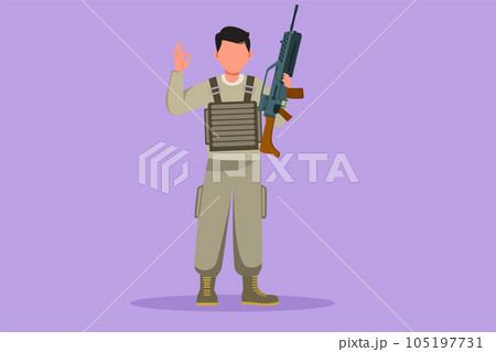 Graphic flat design drawing gallant male soldiers or army standing with weapon, full uniform, and okay gesture serving the country with strength of military forces. Cartoon style vector illustration 105197731