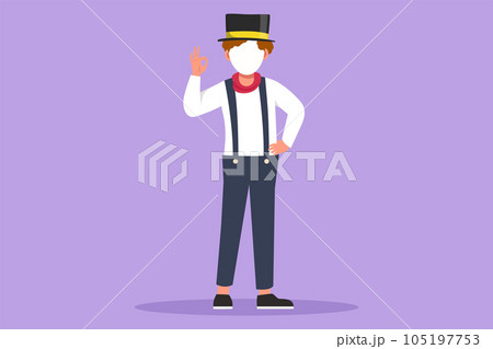 Graphic flat design drawing male mime artist stands with okay gesture and white make up face makes audience laugh with silent comedy. Entertainment worker on working. Cartoon style vector illustration 105197753