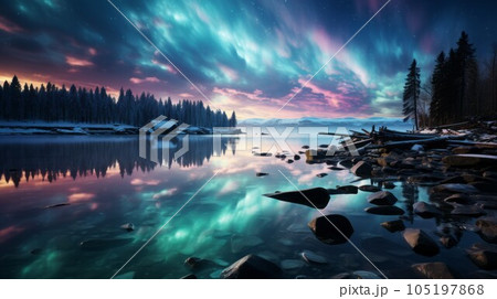 Northern lights over frozen lake in the winter forest at night. Aurora borealis over frozen lake in the winter forest. Reflection of the colorful northern lights on the water surface of a large lake. 105197868