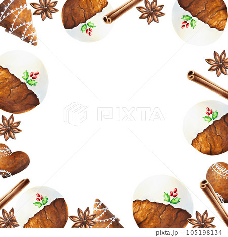 Watercolor Christmas frame with crispy gingerbread cookies with icing, cinnamon and anise star. New year hand painting spices isolated on white background. For designers, food decoration, menu, shop Watercolor Christmas frame with crispy gingerbread cookies with icing, cinnamon and anise star. New year hand painting spices isolated on white background. For designers, food decoration, menu, shop 105198134