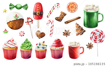 Watercolor set with christmas cups of hot drink, marshmallows, cinnamon stick, orange and sweet muffins with cream and candies. New year hand painting red mug isolated on white background. For Watercolor set with christmas cups of hot drink, marshmallows, cinnamon stick, orange and sweet muffins with cream and candies. New year hand painting red mug isolated on white background. For 105198135