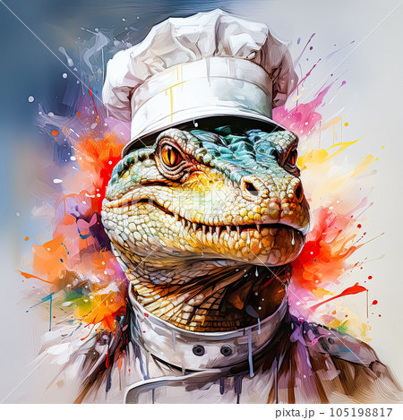Dinosaur in a chef's cap and apron 105198817