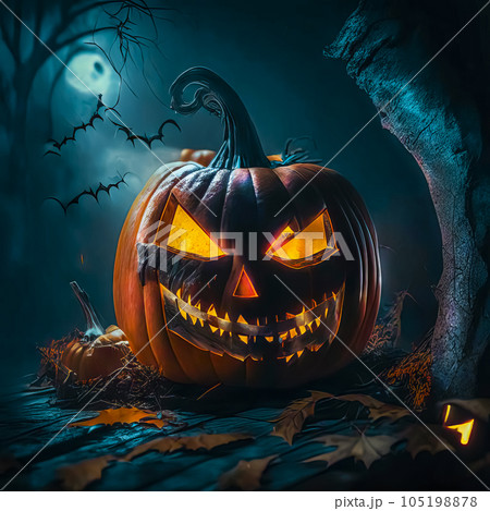 Halloween, pumpkins, bats and a graveyard on a moonlit night before Halloween 105198878