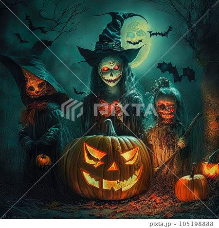 Halloween, pumpkins, bats and a graveyard on a moonlit night before Halloween 105198888