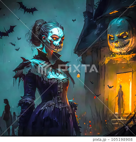 Halloween, portrait of a girl with vampire makeup and in a halloween costume 105198908