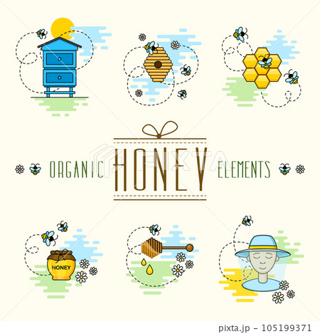 Beekeeping. Bees and honey on the apiary. Farm life vector illustration. Set of icons in a linear style. 105199371