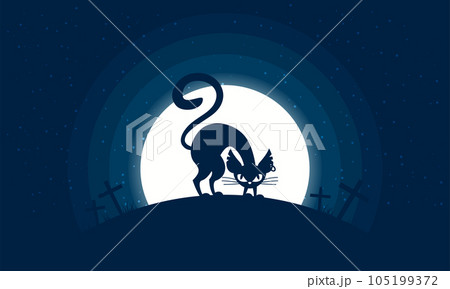Happy Halloween. Vector illustration of a cat in the night forest. Full moon. Cemetery. Night landscape. Halloween card. Background for invitation to a party. 105199372