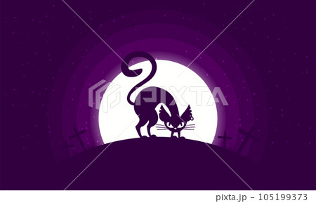 Happy Halloween. Vector illustration of a cat in the night forest. Full moon. Cemetery. Night landscape. Halloween card. Background for invitation to a party. 105199373