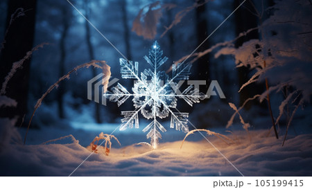 An excellent snowflake against the background of the forest. A great image with a winter theme. Winter forest on a background that gives charm. An excellent snowflake against the background of the forest. A great image with a winter theme. Winter forest on a background that gives charm. 105199415