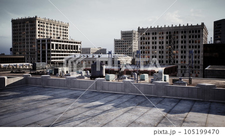 high vantage point, showing the rooftops of towering buildings at twilight 105199470