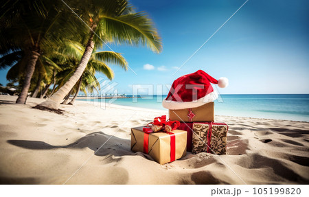Christmas presents and Santa Claus hat on tropical beach,vacation,Holiday,Merry Christmas concept.Christmas time spent at the beach in summer. copy space Christmas presents and Santa Claus hat on tropical beach,vacation,Holiday,Merry Christmas concept.Christmas time spent at the beach in summer. copy space 105199820