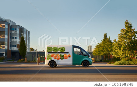 Fast delivery service car driving with order business background concept. Home delivery fresh vegetables in basket. food delivery service. woman accepting groceries box. 105199849