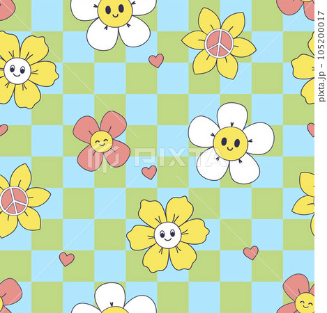 Checkered seamless pattern with cute smiling flowers and hearts. Vector graphics. Checkered seamless pattern with cute smiling flowers and hearts. Vector graphics. 105200017