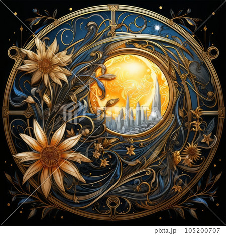 Sunset over the sea with sunflowers and waves. Vector illustration. Illustration with sunflowers on a background of the night sky.   Astrology composition, digital artwork for creative graphic design. 105200707