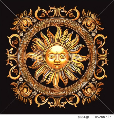 Illustration of a golden sun with decorative elements. Illustration of the sun with the face of the god. Vector illustration. Golden sun with a face of the sun. Vector illustration for your design 105200717