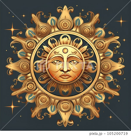 Illustration of a golden sun with decorative elements. Illustration of the sun with the face of the god. Vector illustration. Golden sun with a face of the sun. Vector illustration for your design 105200719