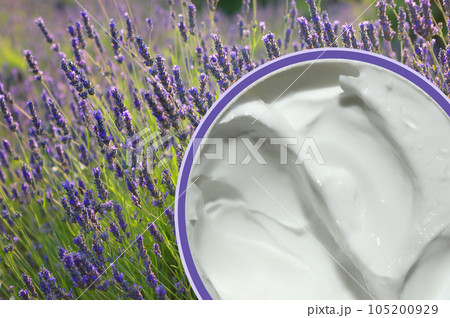 Lavender Moisturisers Skin Cream on a lavender field at the sea 105200929