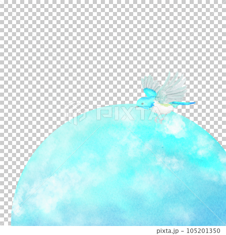 水彩插圖，一隻藍色的小鳥拍打著翅膀，俯視著藍色的地球。受環境保護啟發的背景插圖。 105201350