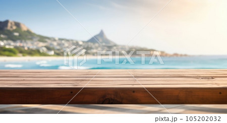 The empty wooden brown table top with blur background of seaside resort. Exuberant. 105202032