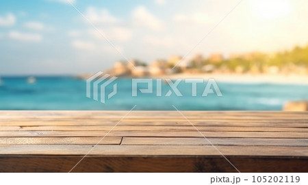 The empty wooden brown table top with blur background of seaside resort. Exuberant. The empty wooden brown table top with blur background of seaside resort. Exuberant. 105202119