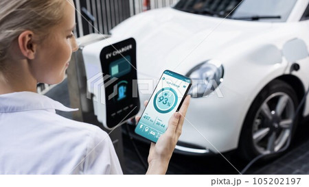 Smartphone display battery status interface by smart EV app. Peruse 105202197
