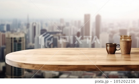 The wooden table top with blur background of modern office interior with cityscape in the morning. Generative AI AIG30. The wooden table top with blur background of modern office interior with cityscape in the morning. Generative AI AIG30. 105202216