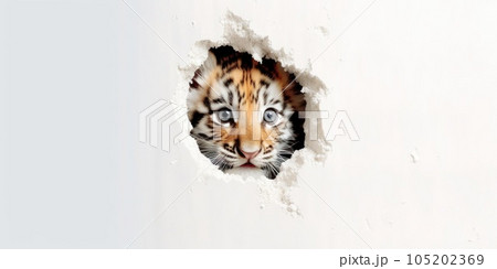 Cute Tiger peekging out of a hole in wall, torn hole, empty copy space frame, mockup. Generative AI weber. 105202369