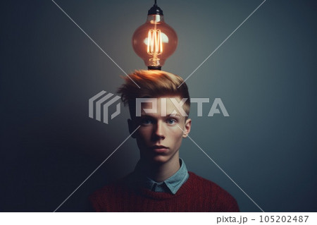 bright light bulb floating above of young scandinavian man's head. generative ai AIG32 105202487