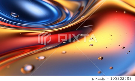 The close up of a glossy liquid surface abstract in red, yellow, and blue colors with a soft focus. Exuberant 3D illustration. The close up of a glossy liquid surface abstract in red, yellow, and blue colors with a soft focus. Exuberant 3D illustration. 105202502
