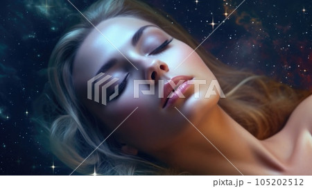 Close up portrait woman sleeping, floating outerspace with star nebula galaxy. Generative AI weber. Close up portrait woman sleeping, floating outerspace with star nebula galaxy. Generative AI weber. 105202512