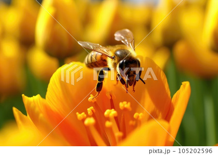 The macro photography of a honey bee approaches a tulip in full bloom on a summer day. Generative AI AIG27. 105202596