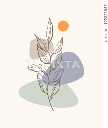 Posters with minimalist design elements in Boho style . Wall art leaf, home deco, hand drawn leaves. 105203047
