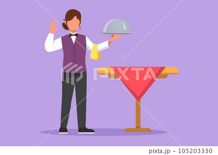 Graphic flat design drawing beauty waitress stood up with okay gesture and brought tray of delicious dishes to offer to restaurant guests. Waitress serving in cafe. Cartoon style vector illustration 105203330