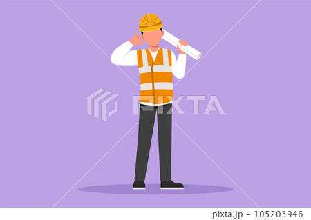 Character flat drawing smart male architect standing holding roll of paper work with call me gesture and wearing helmet carrying blueprint for building's work plan. Cartoon design vector illustration 105203946