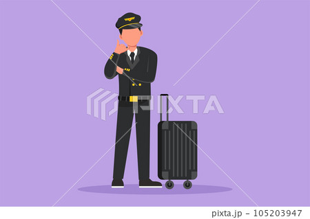 Graphic flat design drawing pilot standing with call me gesture and complete uniform, ready to riding or flying airplane for bringing passengers to their destination. Cartoon style vector illustration 105203947