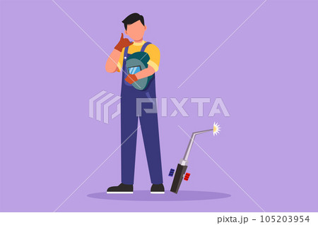 Character flat drawing of male welder standing with call me gesture and holding face shield ready to work in his iron workshop. Manufacturing worker with metalwork. Cartoon design vector illustration Character flat drawing of male welder standing with call me gesture and holding face shield ready to work in his iron workshop. Manufacturing worker with metalwork. Cartoon design vector illustration 105203954