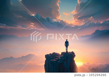 Copy space of man on top of mountain and sunset sky abstract background. Freedom and travel 105204260