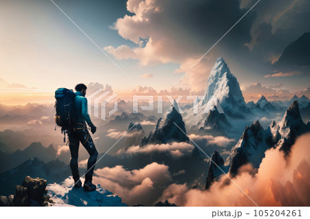 Magical Fantasy Adventre Composite of Man Hiking on top of a Mountain Peak. Colorful Sunset Sky Art Magical Fantasy Adventre Composite of Man Hiking on top of a Mountain Peak. Colorful Sunset Sky Art 105204261