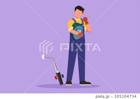 Character flat drawing male welder standing with celebrate gesture and holding face shield ready to work in his iron workshop. Manufacturing worker with metalwork. Cartoon design vector illustration Character flat drawing male welder standing with celebrate gesture and holding face shield ready to work in his iron workshop. Manufacturing worker with metalwork. Cartoon design vector illustration 105204734