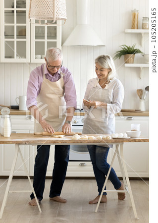 Senior retired couple engaged in domestic cooking activities 105205165