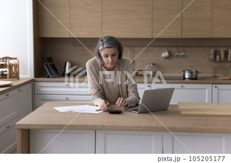 Serious grey haired homeowner woman calculating money Serious grey haired homeowner woman calculating money 105205177