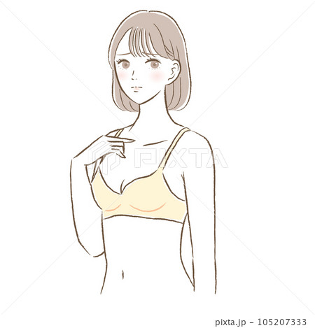 バストの悩みがある、胸が小さい若い女性のイラスト バストの悩みがある、胸が小さい若い女性のイラスト 105207333