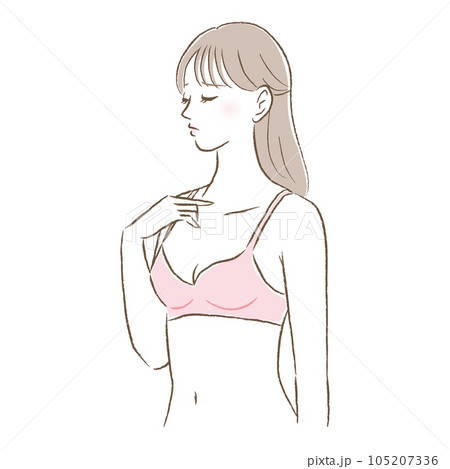 バストの悩みがある、胸が小さい若い女性のイラスト バストの悩みがある、胸が小さい若い女性のイラスト 105207336
